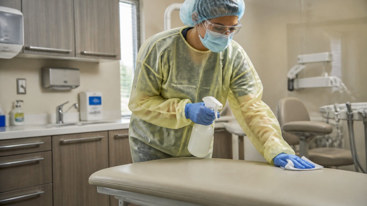 OSHA-trained cleaning staff member in protective equipment carefully applying EPA-registered hospital-grade disinfectant to medical office surfaces with precise technique and attention to protocol adherence