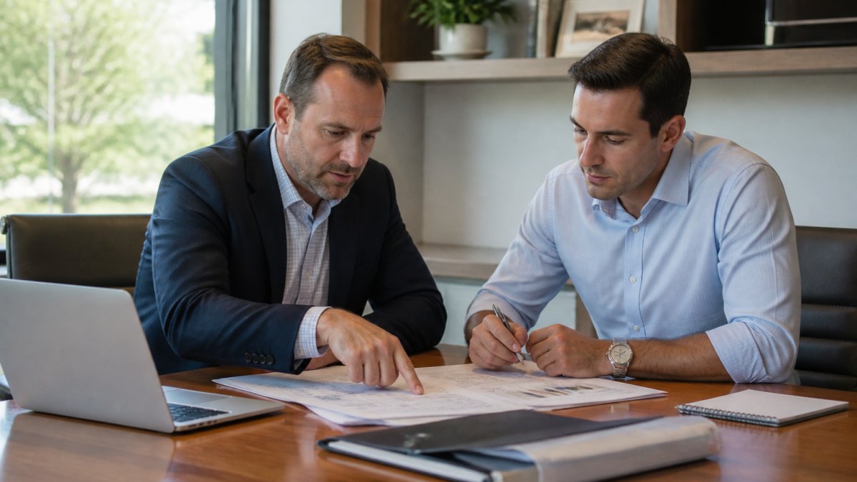 Professional financial advisor and business owner sitting at a conference table reviewing financial documents and charts together, with natural office lighting and a laptop visible, engaged in discussion