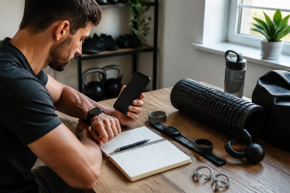Person reviewing fitness progress on a smartphone connected to multiple wearable devices, sitting at a desk with workout notes and recovery tools nearby, analyzing integrated data with focused attention