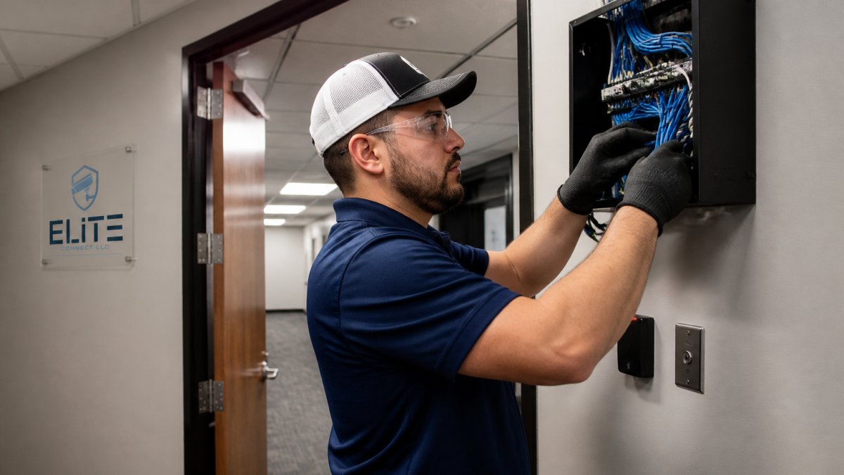 Professional technician installing structured cabling and access control components in a commercial building corridor, showing organized cable management and equipment mounting with proper safety practices