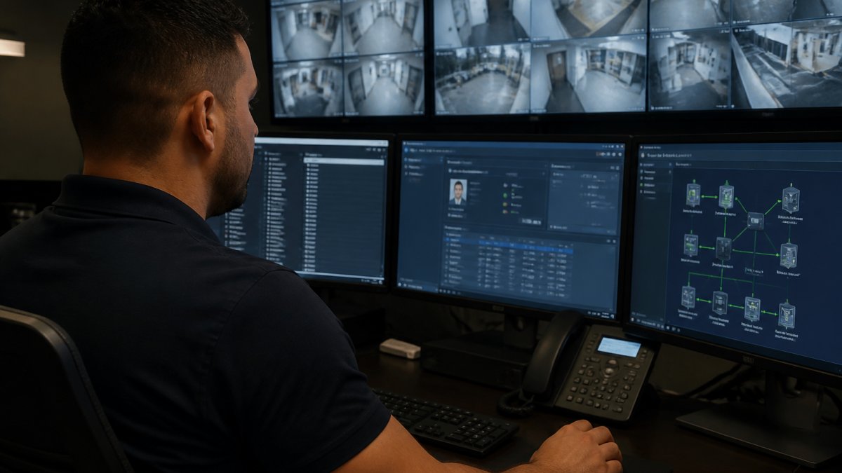A security operations center at night with a technician in a dark polo shirt seated before a bank of monitors showing live camera feeds, an access control dashboard, and network status indicators, cool blue screen glow against dim room lighting