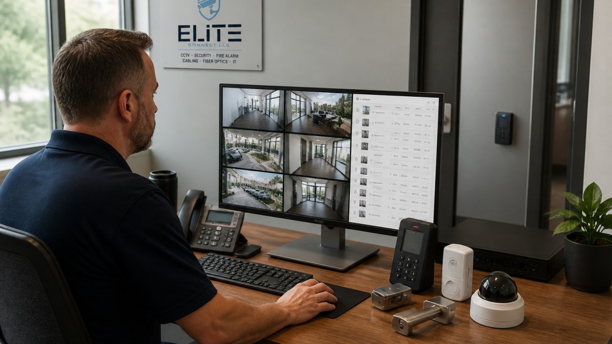 Property manager monitoring live CCTV feeds and access logs on an integrated security systems dashboard