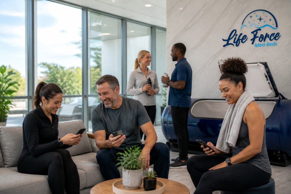 Diverse group of employees in a modern office environment checking health metrics on mobile devices during a wellness break, natural daylight streaming through windows