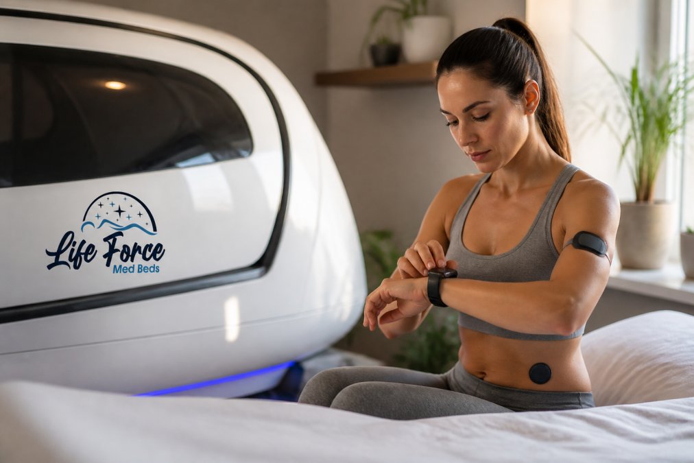 Person in a calm wellness environment interacting with an integrated health monitoring display showing real-time biometric data, focused expression, soft natural lighting