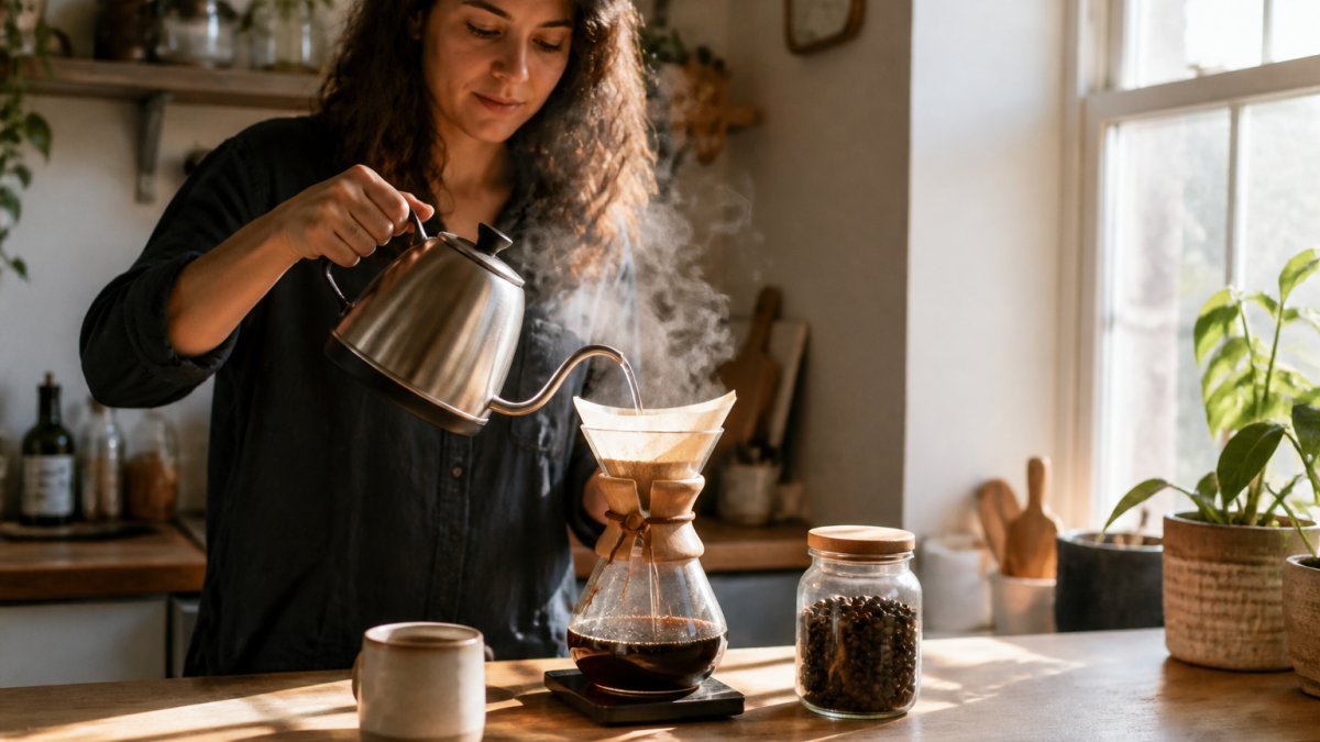 Hands pouring hot water from a gooseneck kettle over a pour-over coffee cone in soft morning light.