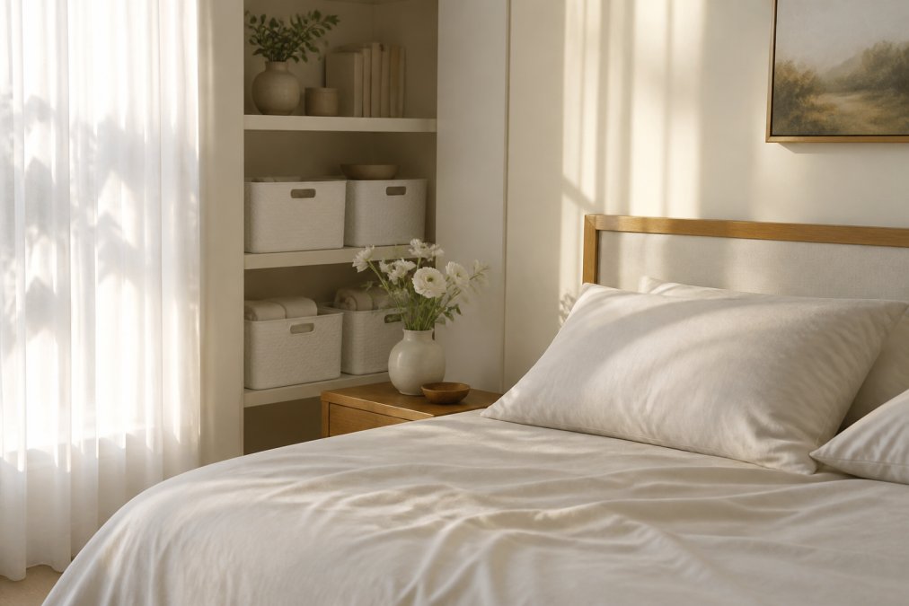 Serene bedroom with soft morning sunlight streaming through sheer curtains, white Sculpted Bins neatly organizing items on shelves, a single Bloom Vase with fresh white flowers on the nightstand, and cooling bamboo sheets on the bed, creating a calm, intentional retreat space