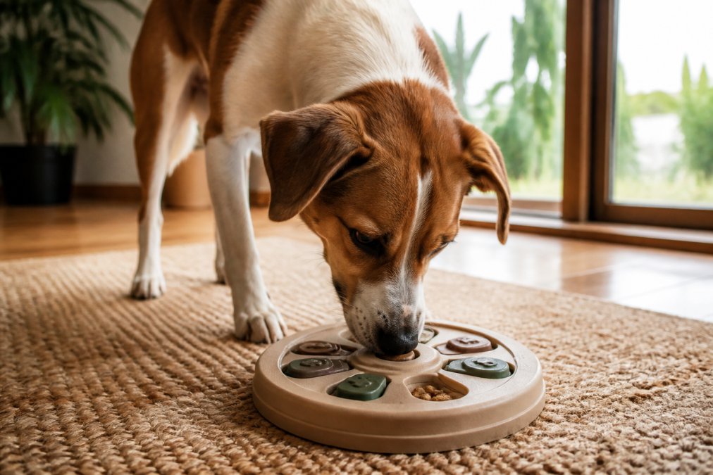 Curious dog intently focused on solving a puzzle feeder, nose working at the toy while treats are visible inside, warm natural lighting from window