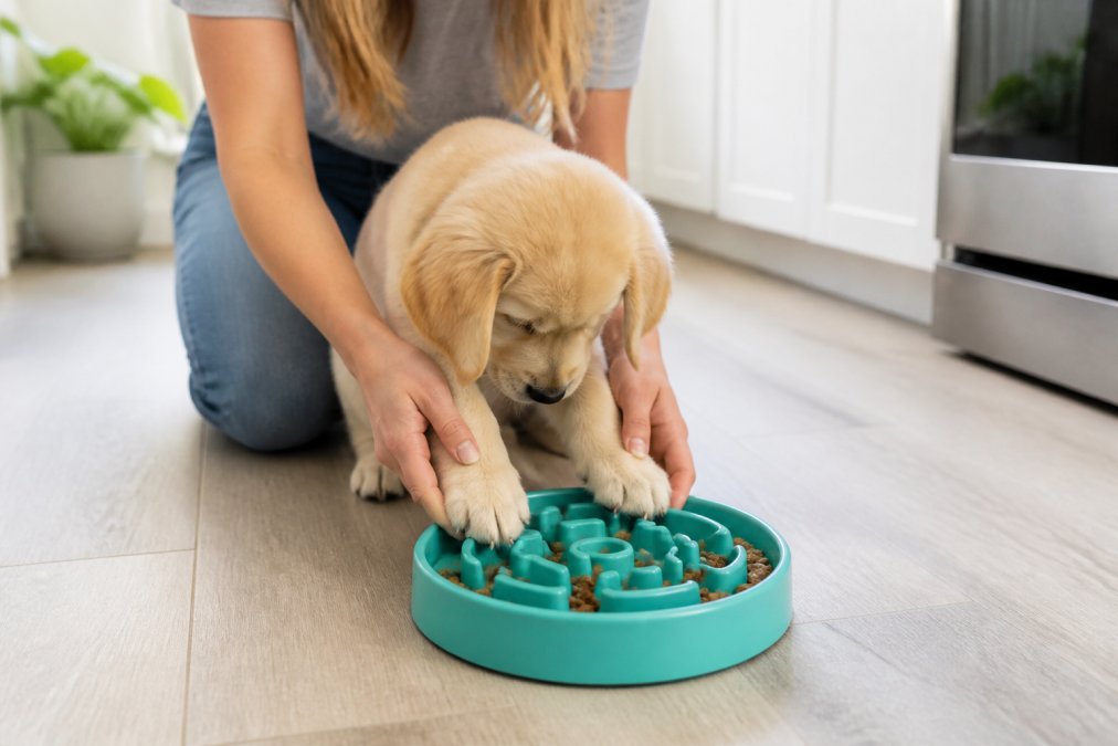 Pet owner's hands guiding a puppy's paws toward an open puzzle feeder filled with small treats on a bright kitchen floor, natural lighting