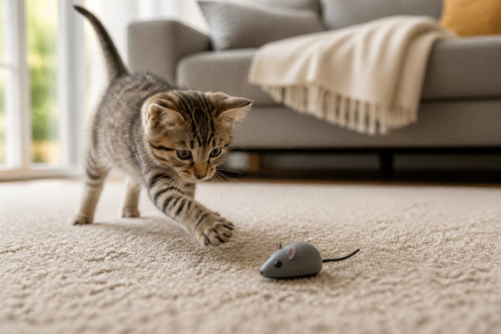 A young kitten bats at a motion-activated mouse, one of the best interactive toys for kittens to aid development.