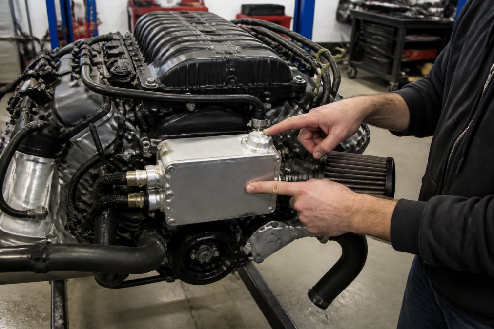 Mechanic pointing to an air-to-water intercooler on a supercharged V8 engine to highlight cooling benefits.