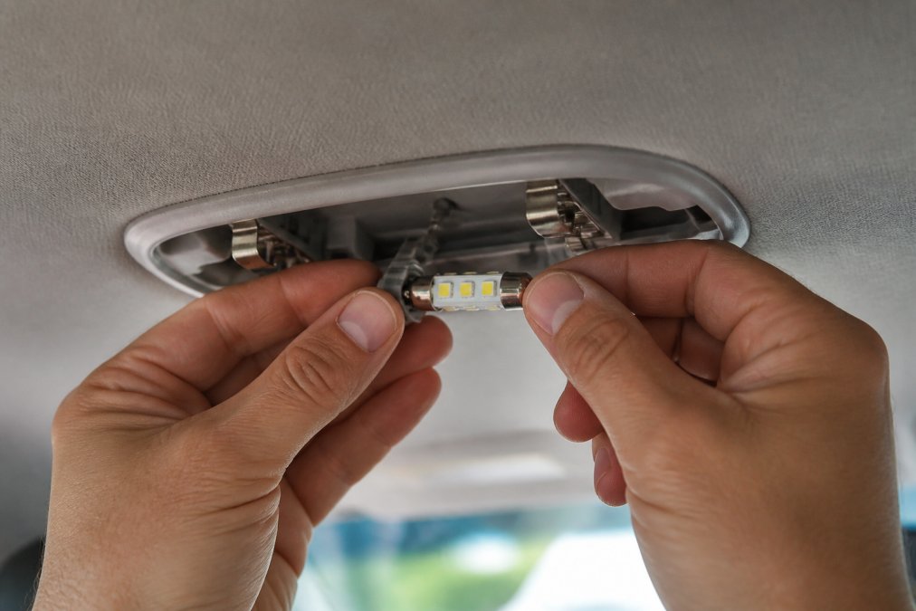 Professional's hands inserting an LED bulb into a vehicle dome light fixture, showing the plug-and-play connection with clear view of the festoon-style base and socket