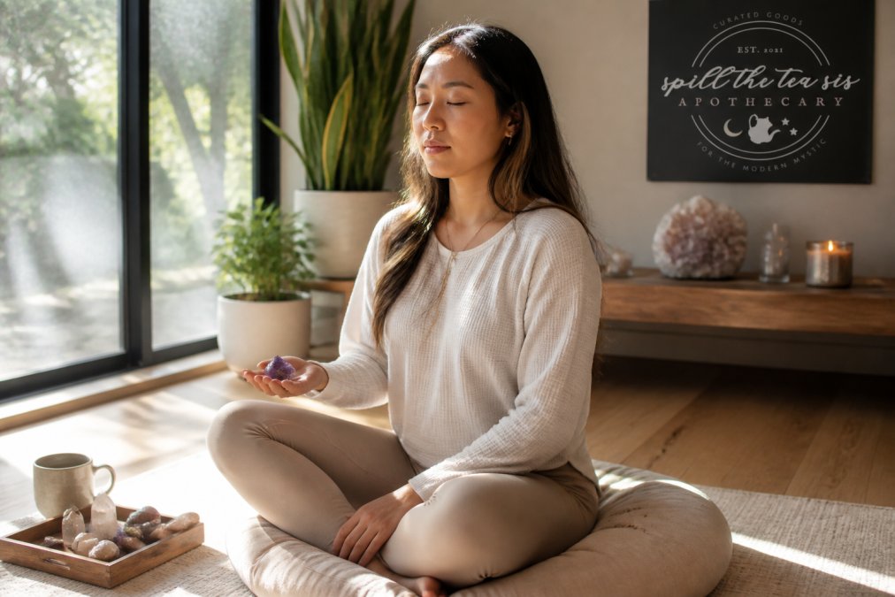 Woman meditating with a crystal from her collection near crystal boxes