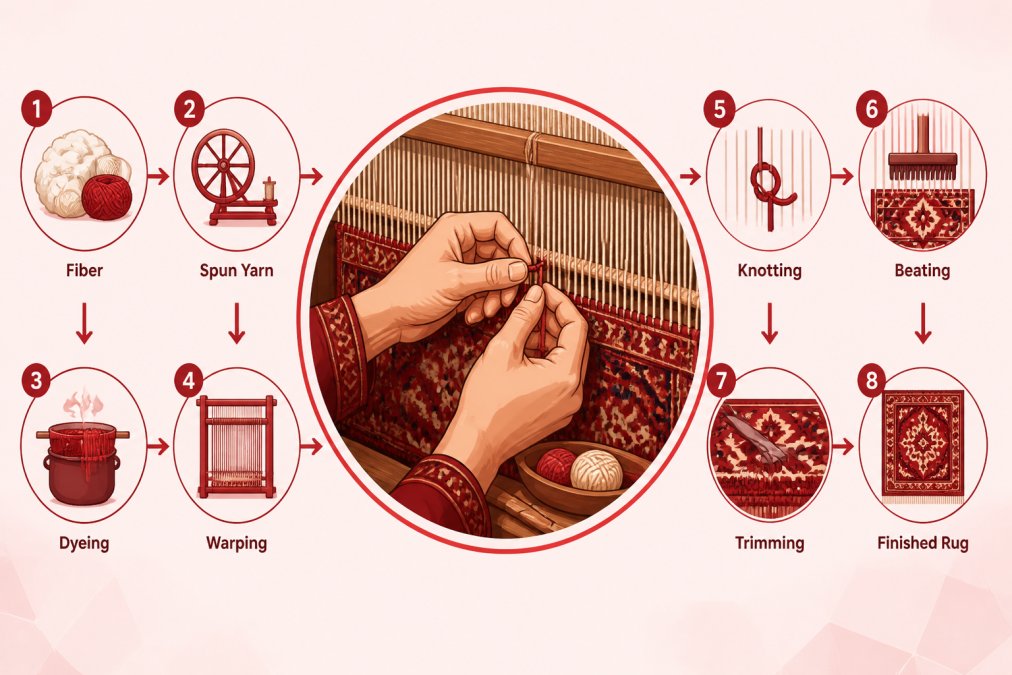 Close-up of a skilled artisan's hands tying individual knots into the foundation of a traditional Persian rug at a wooden loom, showing the intricate detail and labor-intensive weaving process with natural workshop lighting