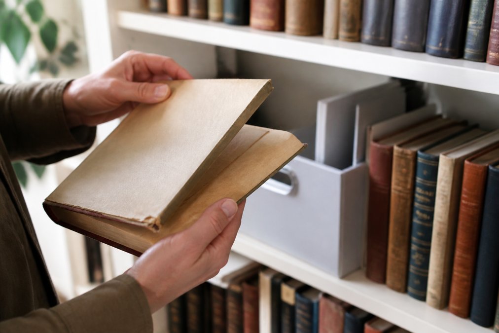 Hands carefully opening an aged hardcover book with a dust jacket in a home library setting, showing proper handling technique with archival-quality shelving visible in soft natural light