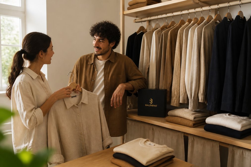 Organized closet displaying a curated collection of neutral-toned premium clothing pieces hanging together in coordinated groups, with natural light revealing the quality of fabrics and construction details