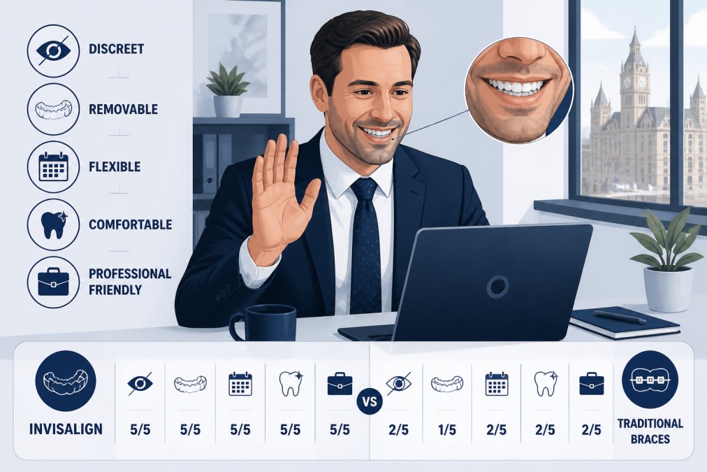 Professional adult in business attire smiling confidently during a video call, showing clear aligners subtly visible, demonstrating the discreet nature of Invisalign treatment in a modern office setting with natural window lighting