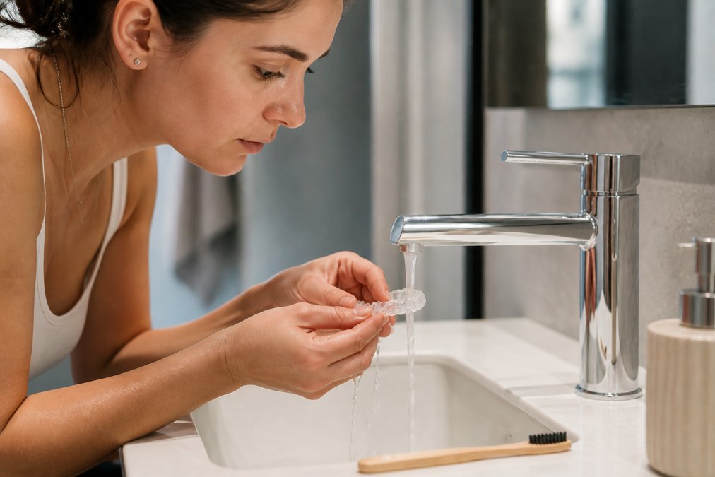 Close-up of hands gently rinsing clear Invisalign aligners under running lukewarm water in a modern bathroom sink, with a soft-bristled toothbrush nearby on the countertop, demonstrating proper daily cleaning technique with natural bathroom lighting