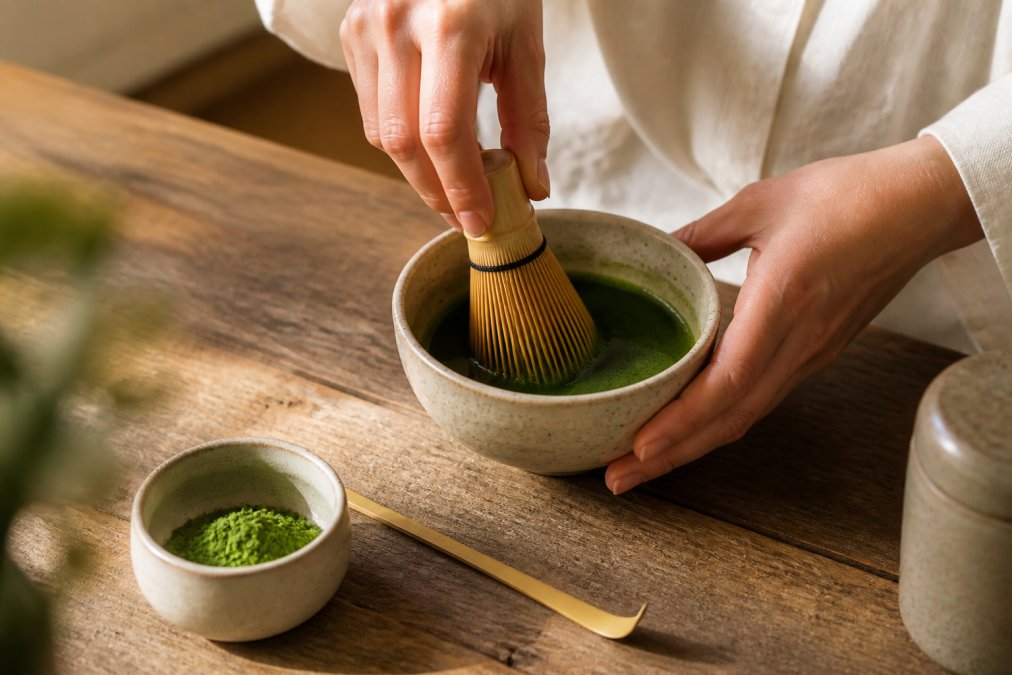 Close-up of hands whisking vibrant green matcha in a ceramic bowl on a wooden kitchen bench, bamboo whisk and scoop nearby, soft morning light