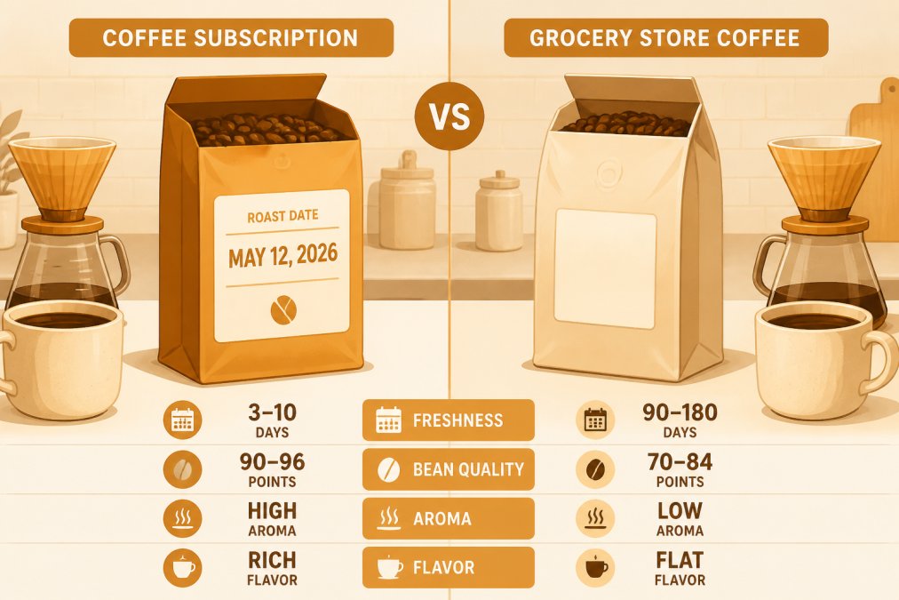 Comparison diagram of fresh roasted coffee beans with roast dates versus grocery store bags.