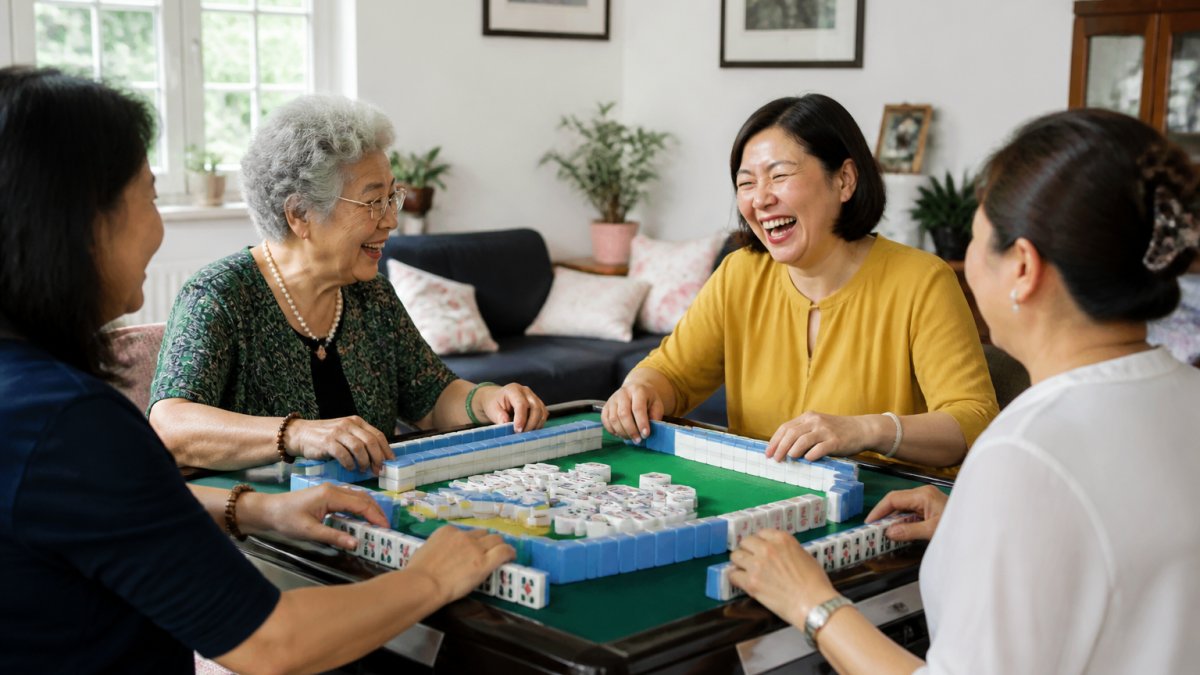 A group of women of various ages gathered around a mahjong table, smiling and laughing while playing tiles together in a bright, comfortable living room setting