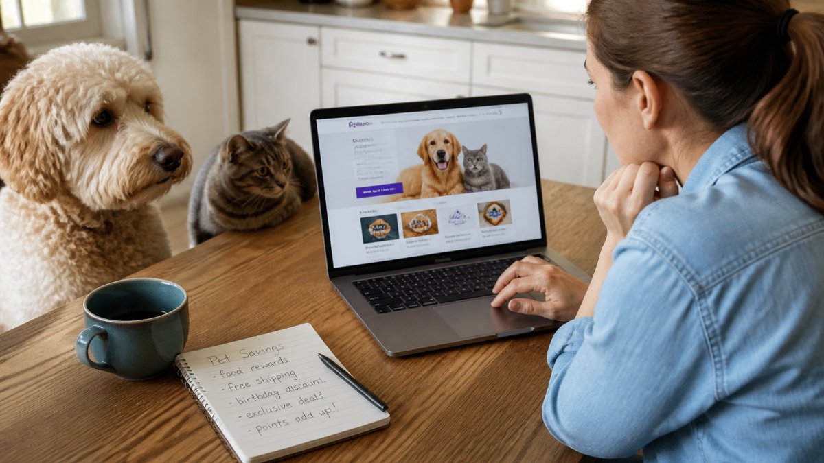 A pet owner sitting at a kitchen table with a laptop open to an online pet store rewards page, a dog and cat nearby, and a notebook with handwritten savings notes