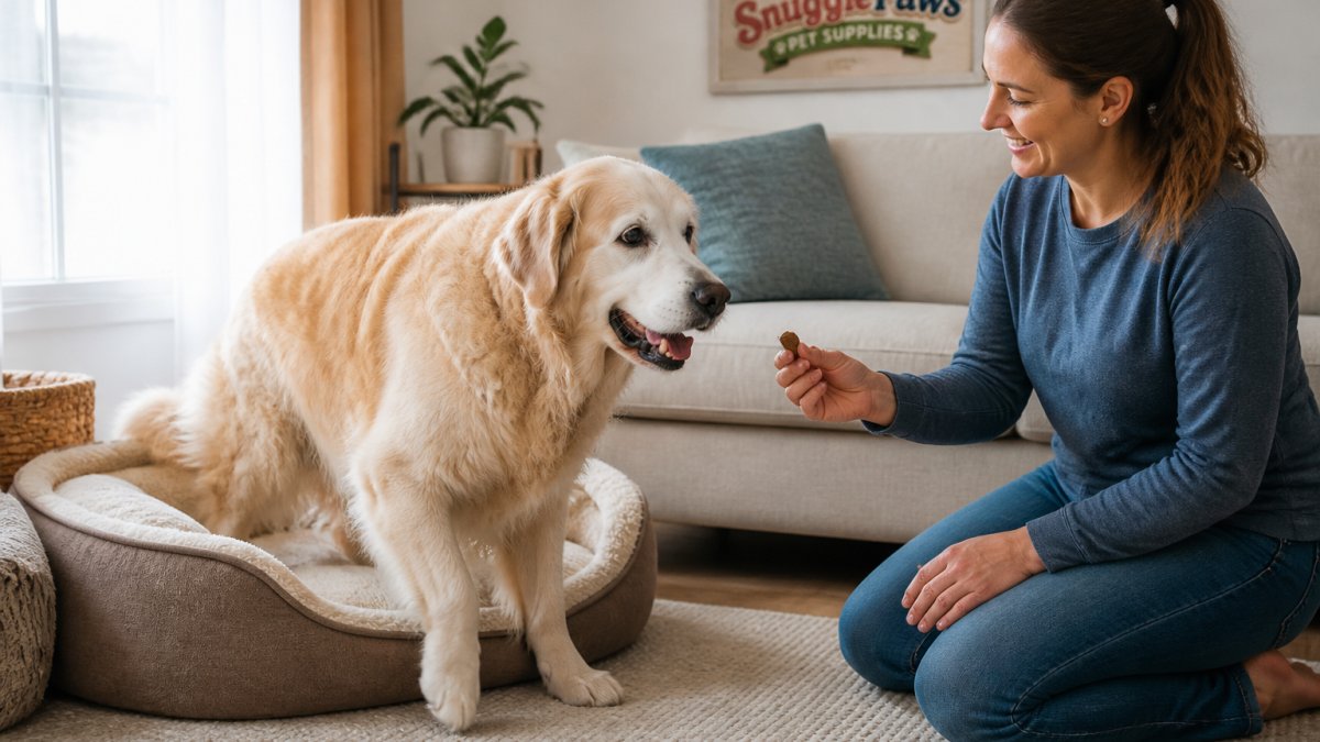 A large senior dog rising comfortably from a cozy orthopedic bed in a bright living room, with an owner kneeling nearby and holding a supplement chew
