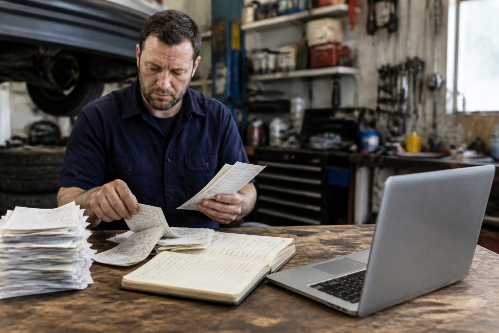 Infographic showing how to organize vehicle service records using a digital tracker and physical repair receipts