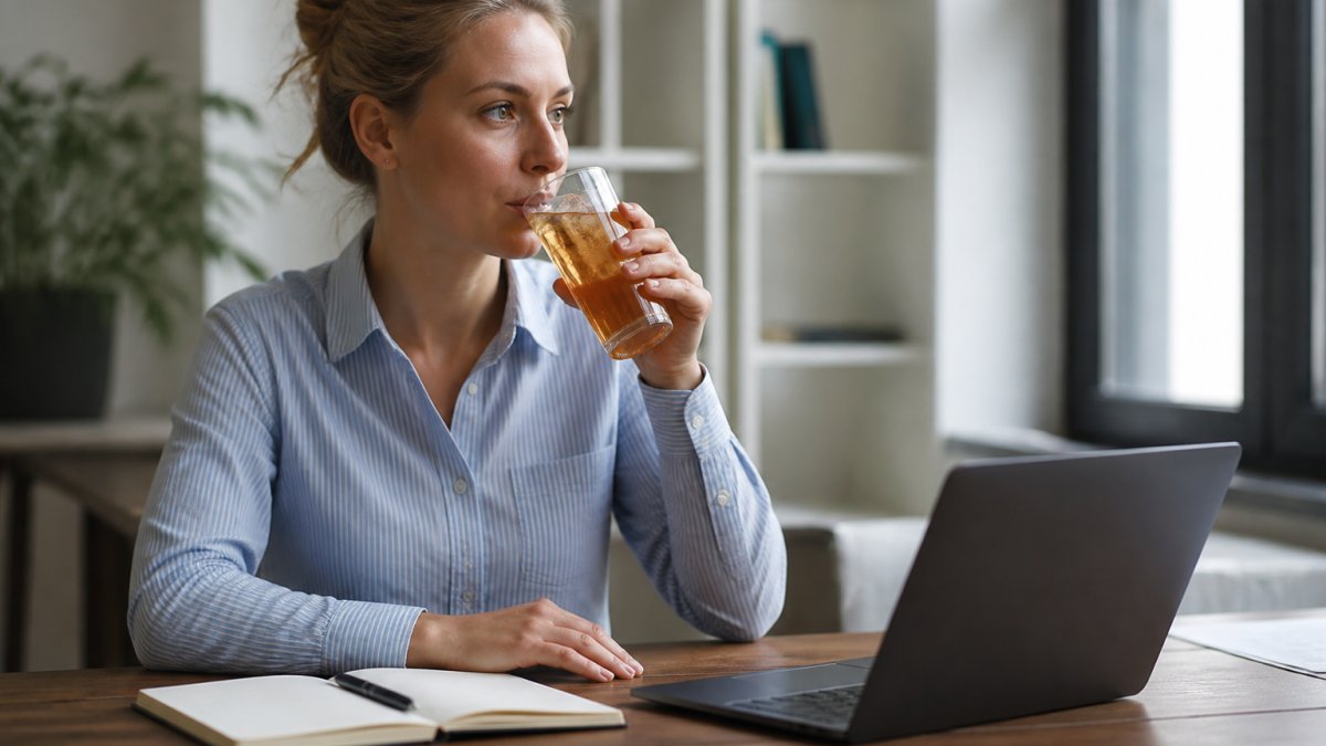 A focused office worker sipping a glass of iced tea while working on a laptop in a bright, modern workspace, with a calm and alert expression