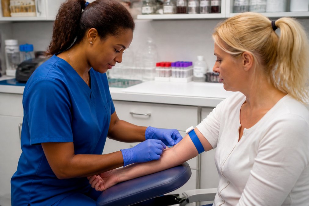 Healthcare professional drawing blood from a patient's arm in a clinical laboratory setting, with medical equipment and supplies visible in the background
