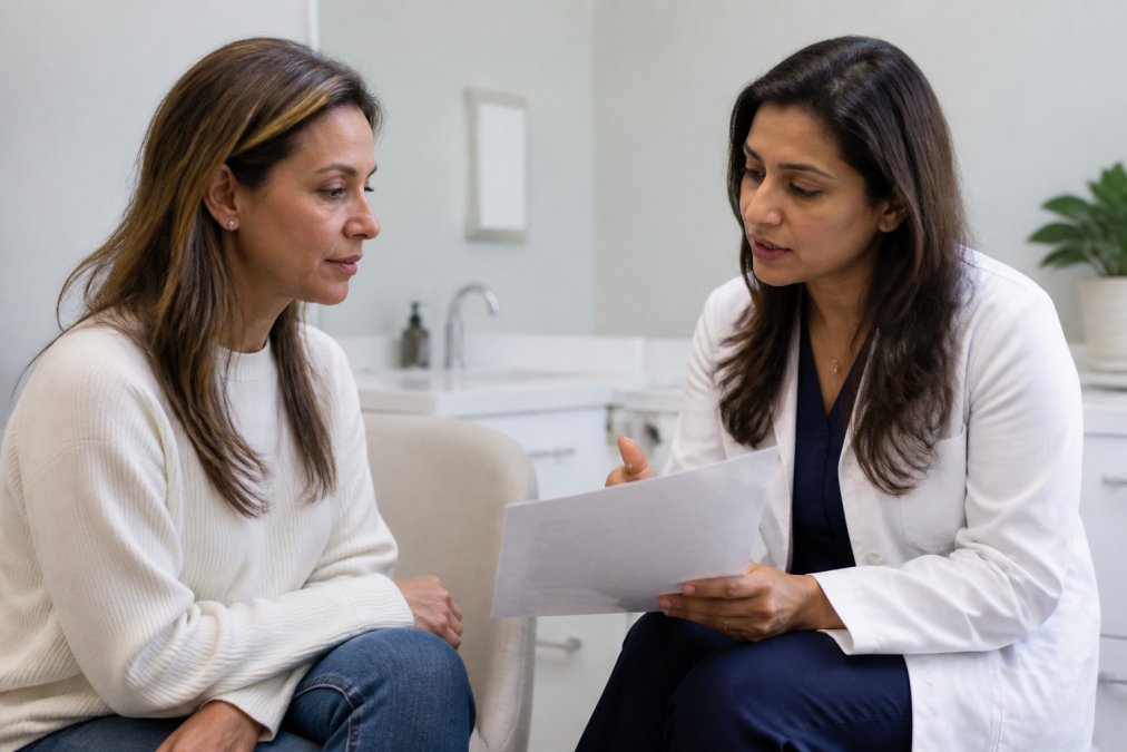Woman reviewing lab results on a tablet with a healthcare provider in a modern medical office, discussing personalized health recommendations