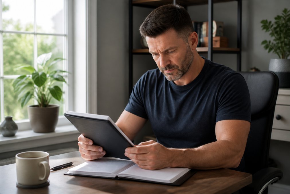 Man reviewing lab results and treatment information on a tablet in a comfortable home office setting, looking focused and engaged