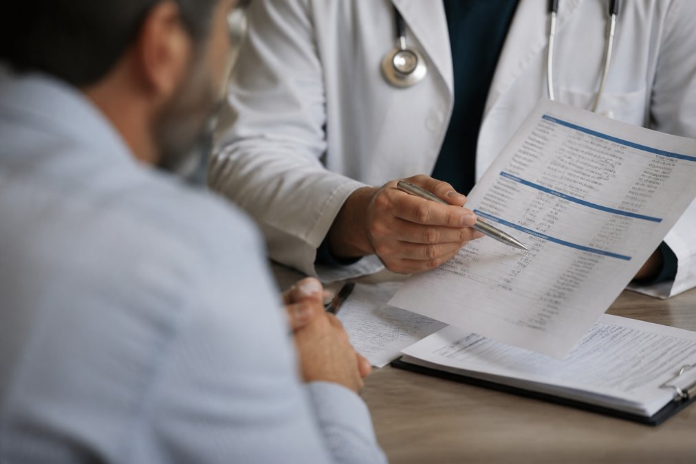 Healthcare provider's hands holding lab documentation and pointing to test results during a virtual consultation
