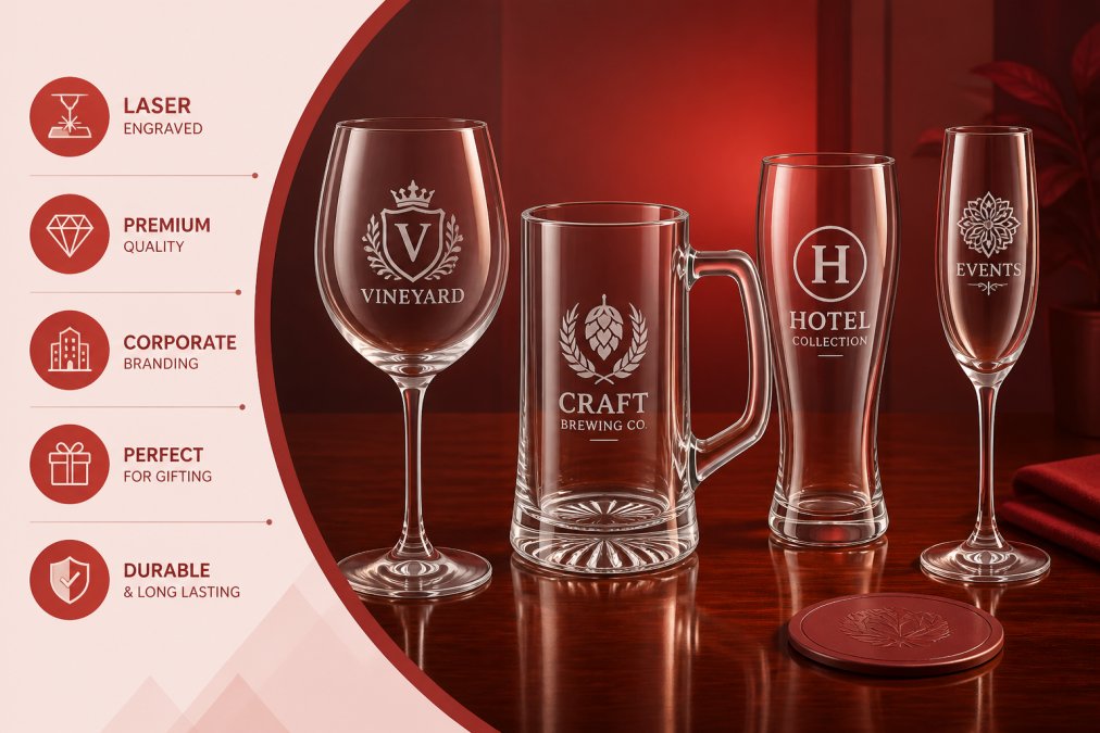 Elegantly engraved wine glasses and beer steins with intricate corporate logos displayed on a polished mahogany table, soft warm lighting highlighting the frosted engraving detail and glass clarity