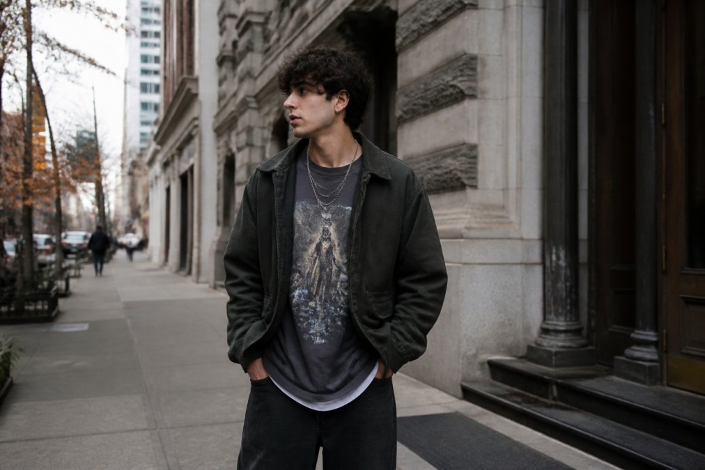 A young adult wearing an oversized heavyweight graphic tee layered under an open jacket, standing on an urban sidewalk in cool weather, hands in pockets, relaxed posture