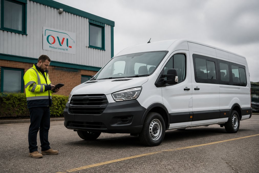 A modern white crew van parked outside a UK business premises, with a fleet manager in high-visibility clothing reviewing a tablet beside it in overcast daylight