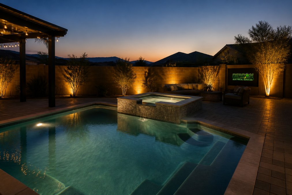 Diagram showing the visual impact of LED lighting upgrades on pool deck ambiance at dusk