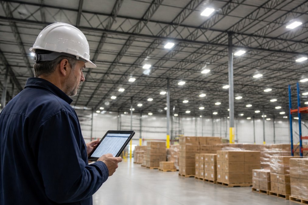 A warehouse facility manager in a hard hat reviewing an energy usage report on a tablet, with rows of bright LED high bay lights visible in the background of a large distribution center