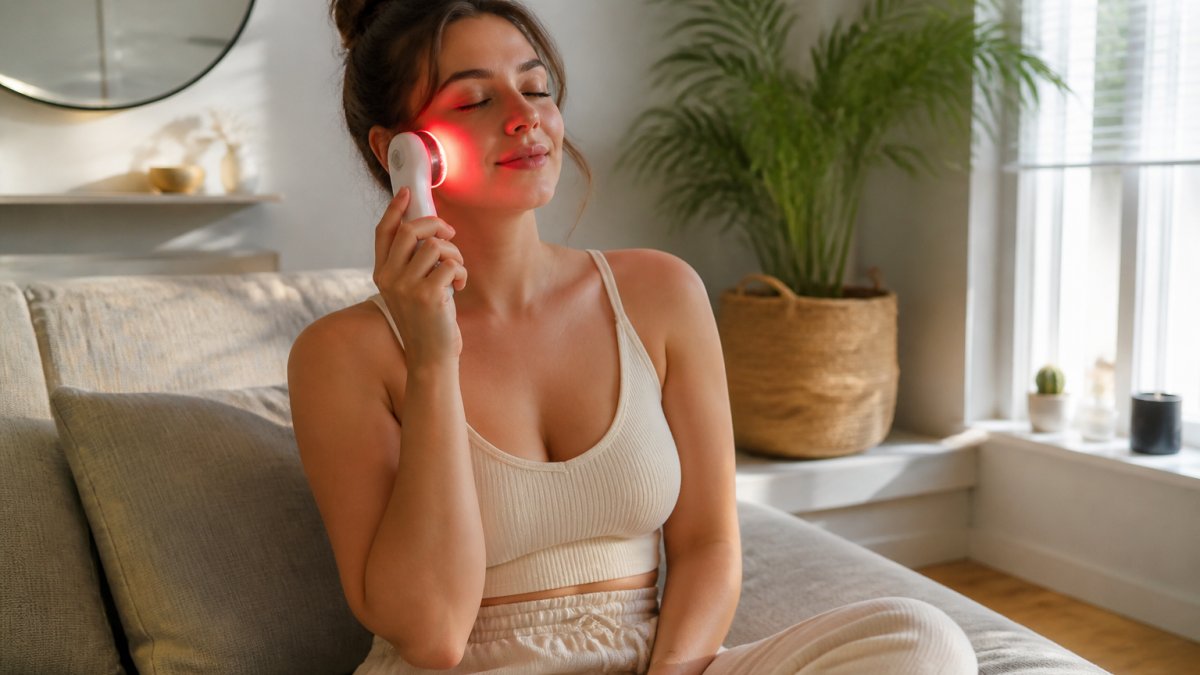 A woman in her late 20s sitting on a sofa in a bright living room, holding a small handheld red light therapy device near her face, relaxed expression, soft natural light