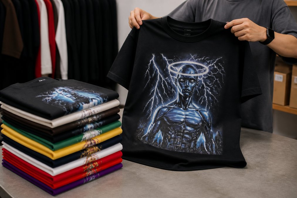 A stack of folded colorful graphic tees next to a piece of limited edition clothing with a unique print.