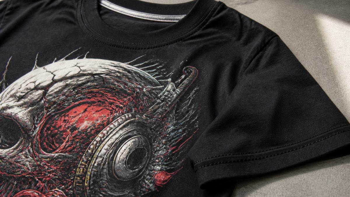 Close-up of a premium heavyweight graphic tee with detailed artwork and reinforced double-needle stitching.
