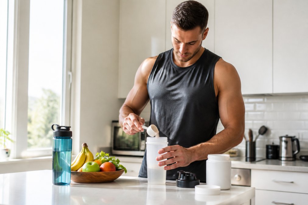 An athlete in workout clothes mixing a scoop of mushroom powder into a shaker bottle on a kitchen counter, with fresh fruit and a water bottle nearby in natural morning light