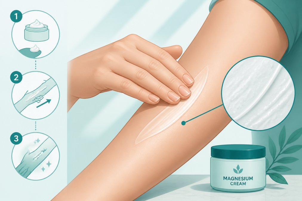 Close-up of hands applying magnesium cream to forearm, showing proper application technique with visible cream texture being gently massaged into skin under natural light