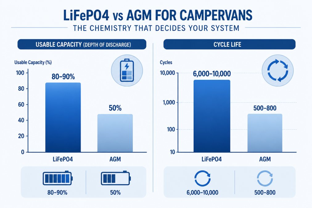 Bar chart comparing usable capacity and cycle life: LiFePO4 at 80-90% DoD with 6,000-10,000 cycles versus AGM at 50% DoD with 500-800 cycles