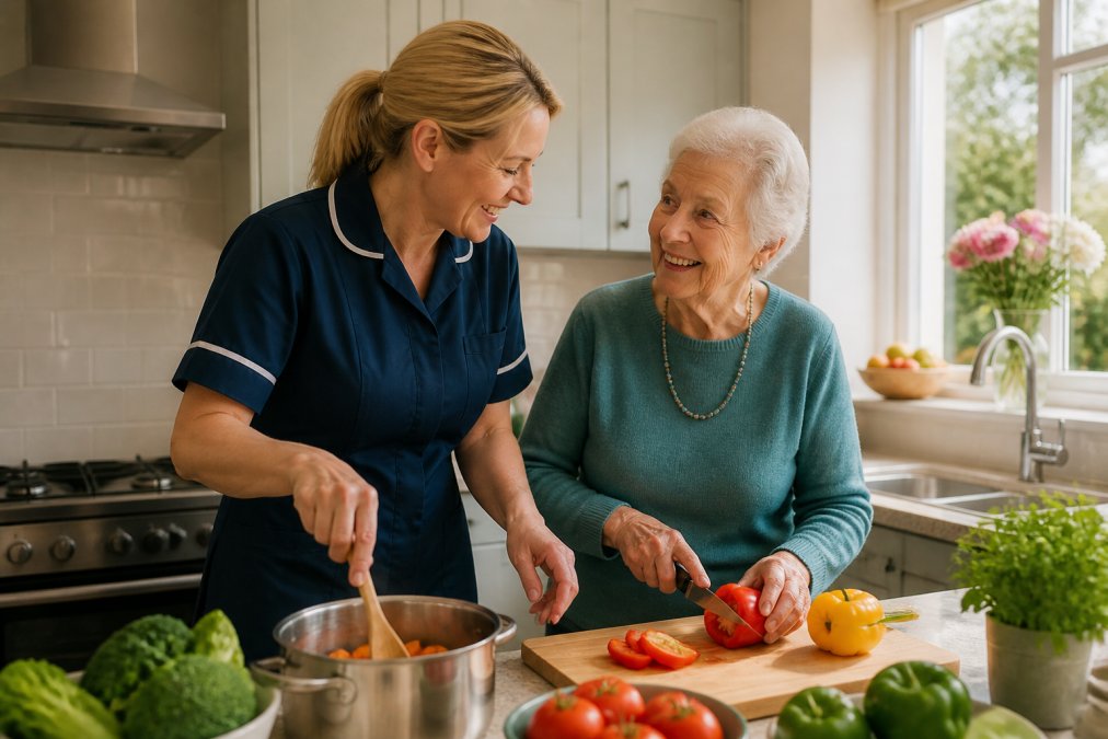Elderly person smiling warmly while a caregiver assists them with preparing a meal in a bright, comfortable kitchen with natural sunlight streaming through windows