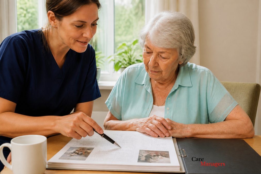 Caregiver and elderly individual sitting together at a wooden table in a sunlit room, reviewing a care plan document with handwritten notes, photographs, and personal preferences listed