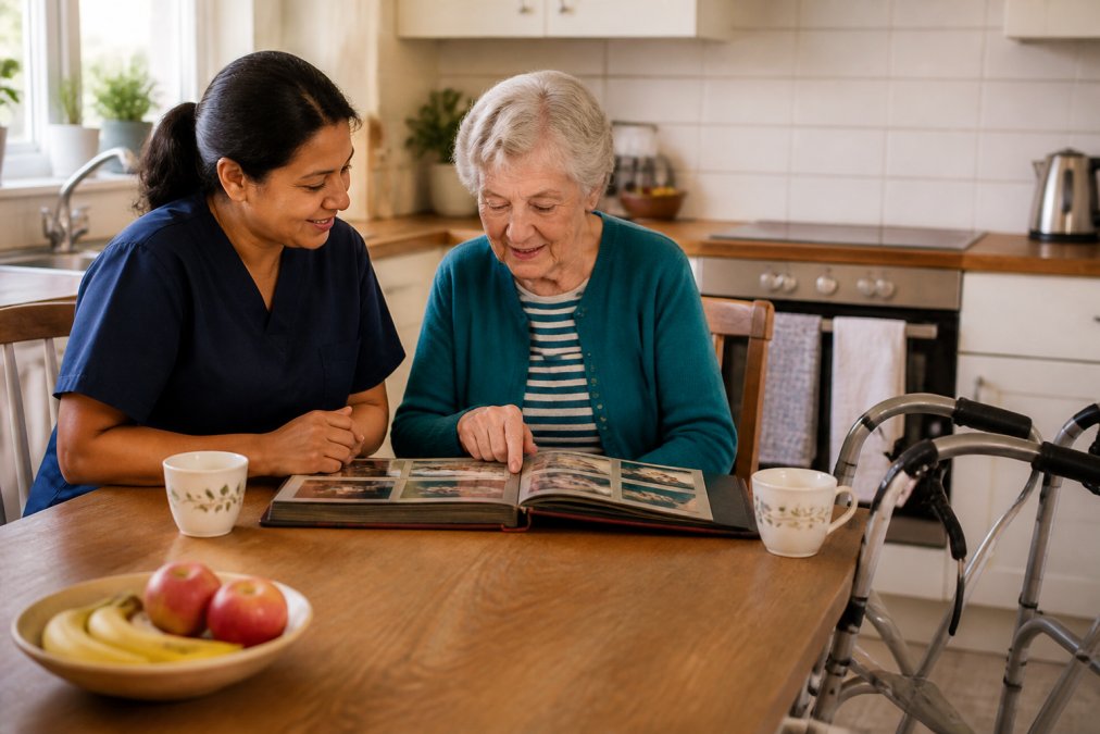 A live-in carer and an older adult sitting together at a kitchen table in a bright home, sharing a cup of tea and looking at a photo album, with a walking frame visible nearby