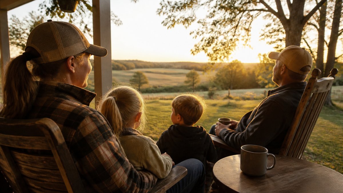 A family sitting on a porch at golden hour, watching the open landscape and trees during a quiet evening.