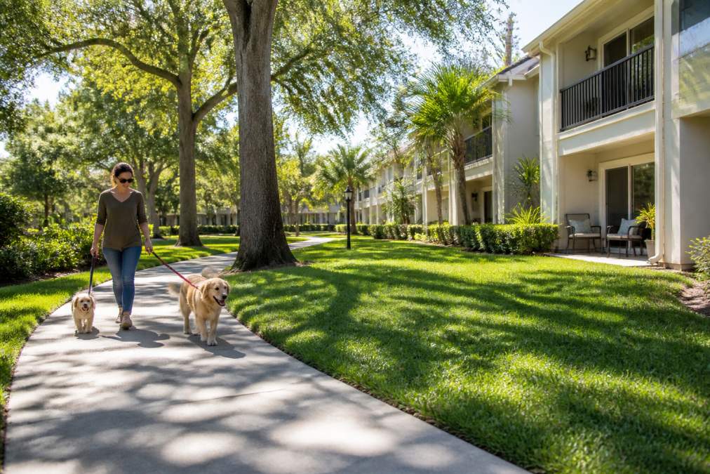 Benefits of Living in Garden Style Apartments 2 Pet owner walking two dogs through a garden community courtyard with expansive grass areas, mature shade trees, and private ground-level patios visible from residential units, bright morning light