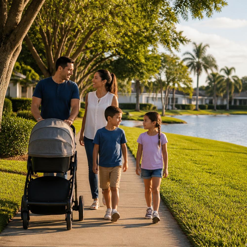 A family with two children walking a stroller along a tree-lined sidewalk in a suburban Florida neighborhood, with a lake visible in the background and warm late-afternoon sunlight