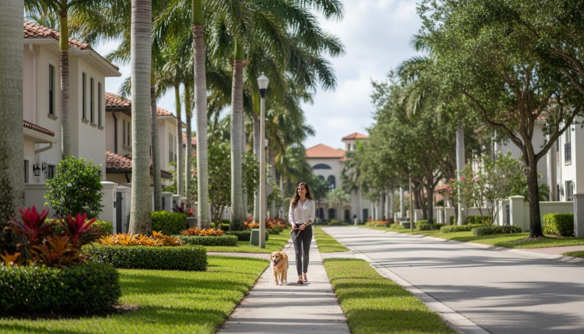 Benefits of Living Near FAU for Professionals: 2026 Guide 1 A well-maintained garden-style apartment community in Boca Raton with lush tropical landscaping, a resort-style pool visible in the background, lounge chairs along the pool deck, and a bright Florida sky overhead